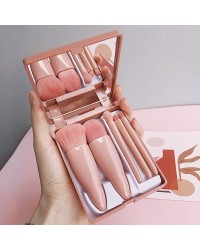  5Pcs  Pink mini travel beauty brush set Cosmetic Tools Portable Makeup Brush Kit With Mirror