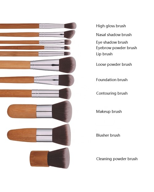 11 Pcs Kabuki Brush Professional Makeup Brush  Logo Natural Bamboo Handle Makeup Brush Set With Bag