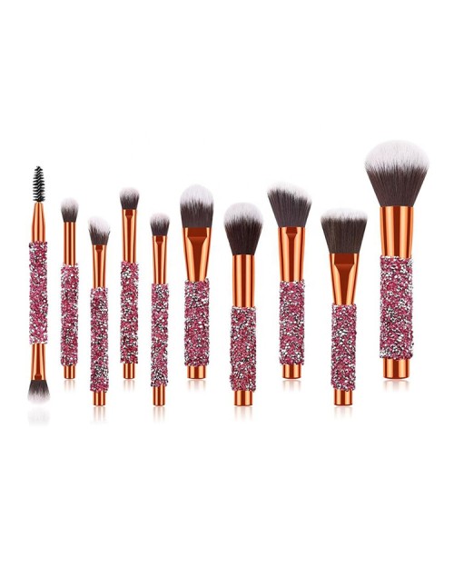 10 Pcs Rose Golden Foundation Blush Cosmetic Tools Blue crystal Makeup Brush Set With PU Bag Rhinestone Makeup Brushes