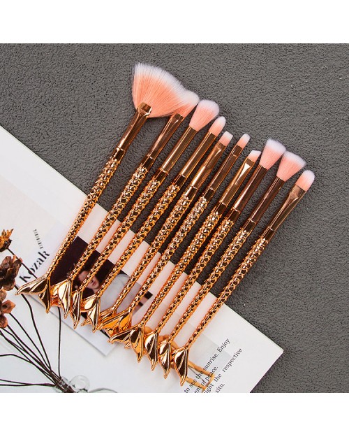 Premium 10pcs Mermaid Synthetic Foundation Powder Concealer Eye Shadows Makeup Brush Set