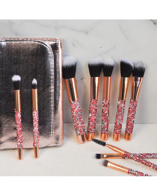 10Pcs Private Label Diamond Professional Beauty Gold Glitter Rhinestone Handle Luxury Makeup Brush Set With Bag