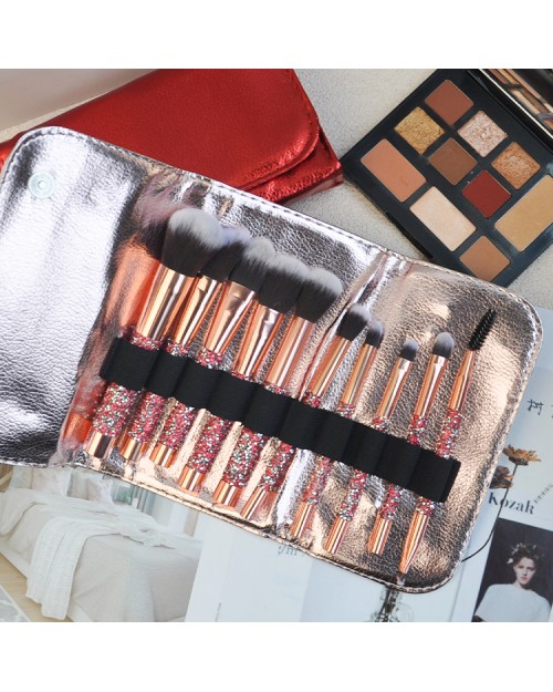 10Pcs Private Label Diamond Professional Beauty Gold Glitter Rhinestone Handle Luxury Makeup Brush Set With Bag