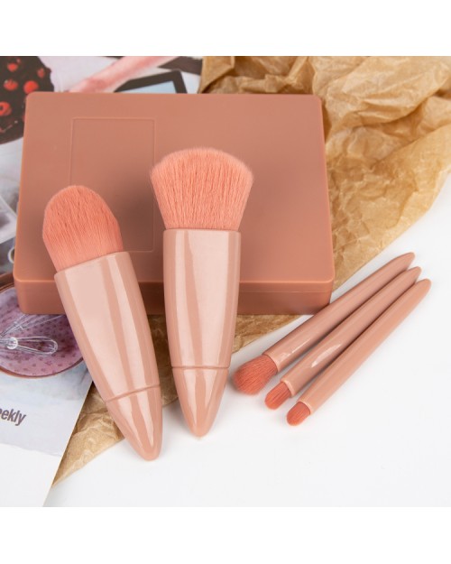  5Pcs  Pink mini travel beauty brush set Cosmetic Tools Portable Makeup Brush Kit With Mirror