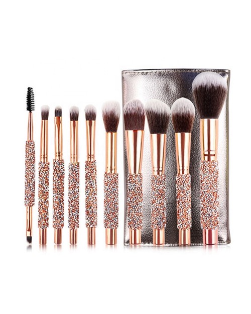 10Pcs Rose Gold Blue Makeup Brushes Glitter Handle Luxury Diamond Makeup Brush Set