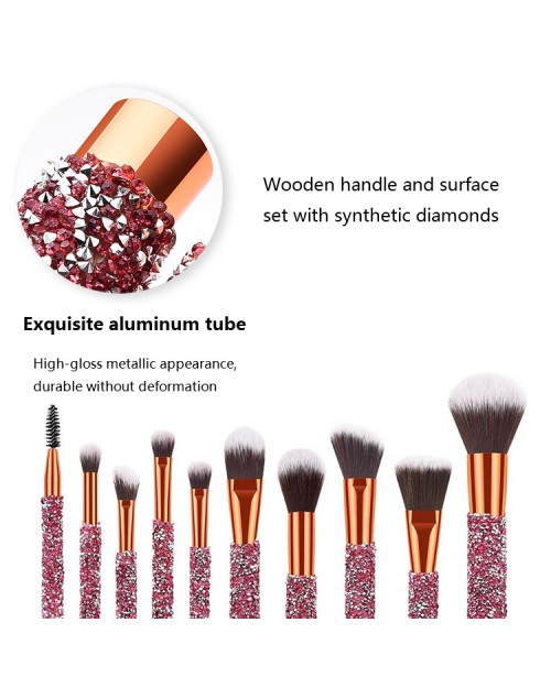 10 Pcs Rose Golden Foundation Blush Cosmetic Tools Blue crystal Makeup Brush Set With PU Bag Rhinestone Makeup Brushes