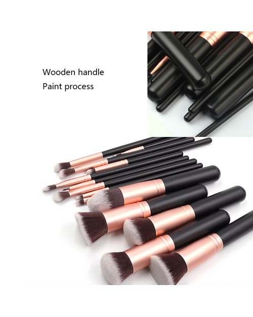 Hot Sale 14Pcs High Quality Wooden Handle Synthetic Hair Black  Logo Makeup Brush Set