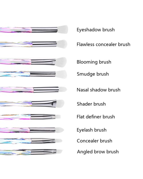 Professional Cosmetic Eye Brush Kit 10Pcs Translucent Plastic Handle Diamond Glitter Crystal Eye Makeup Brush Set