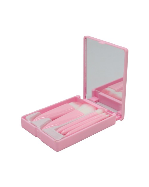  5Pcs  Pink mini travel beauty brush set Cosmetic Tools Portable Makeup Brush Kit With Mirror