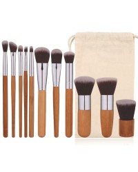 11 Pcs Kabuki Brush Professional Makeup Brush  Logo Natural Bamboo Handle Makeup Brush Set With Bag