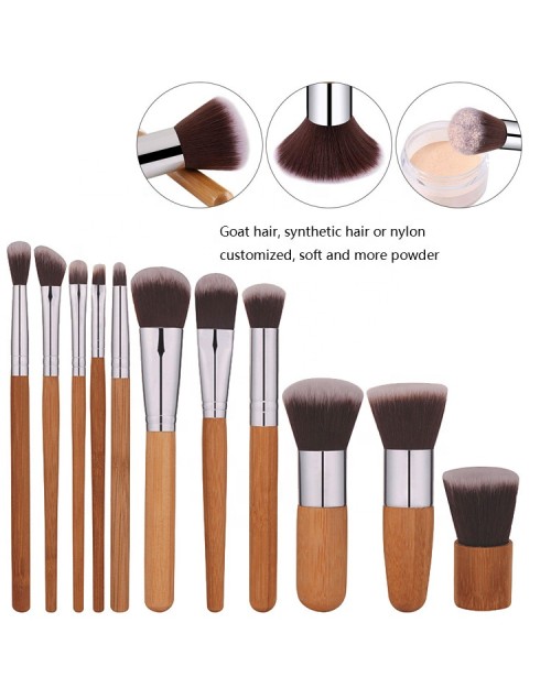 11 Pcs Kabuki Brush Professional Makeup Brush  Logo Natural Bamboo Handle Makeup Brush Set With Bag