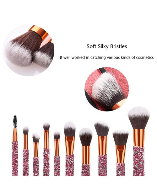 10 Pcs Rose Golden Foundation Blush Cosmetic Tools Blue crystal Makeup Brush Set With PU Bag Rhinestone Makeup Brushes