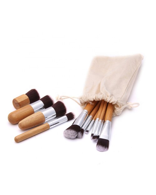 11 Pcs Kabuki Brush Professional Makeup Brush  Logo Natural Bamboo Handle Makeup Brush Set With Bag