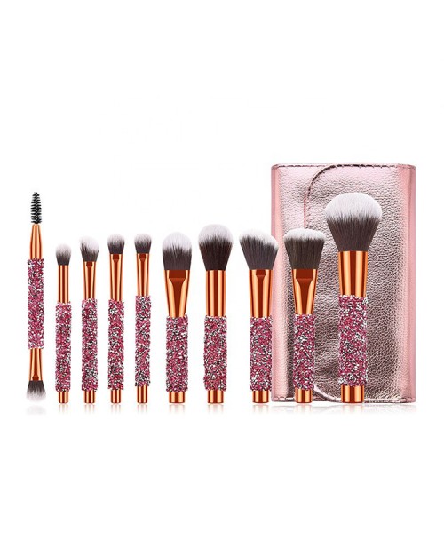 10 Pcs Rose Golden Foundation Blush Cosmetic Tools Blue crystal Makeup Brush Set With PU Bag Rhinestone Makeup Brushes