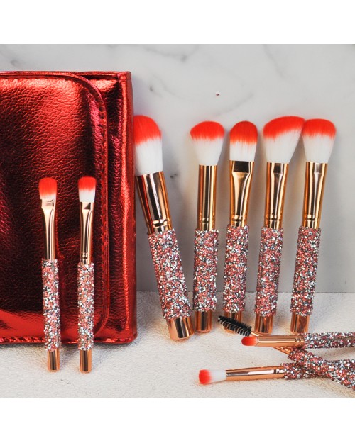 10Pcs Private Label Diamond Professional Beauty Gold Glitter Rhinestone Handle Luxury Makeup Brush Set With Bag