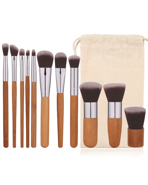 11 Pcs Kabuki Brush Professional Makeup Brush  Logo Natural Bamboo Handle Makeup Brush Set With Bag