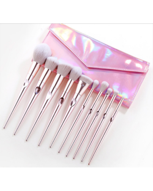 10Pcs Professional Private Label Synthetic Hair Crystal Pink Makeup Brush Set With Bag