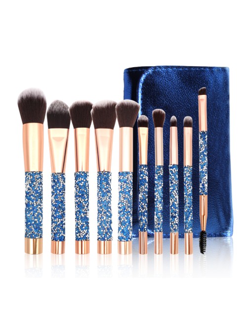 10Pcs Rose Gold Blue Makeup Brushes Glitter Handle Luxury Diamond Makeup Brush Set